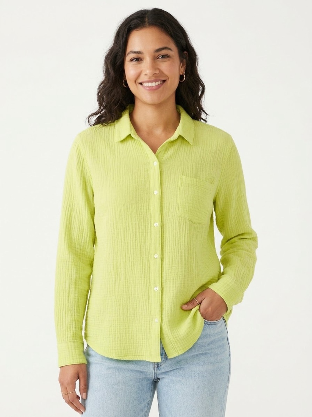 Lucky Brand Neon Lime Gauze Button-Down Shirt Cotton Large